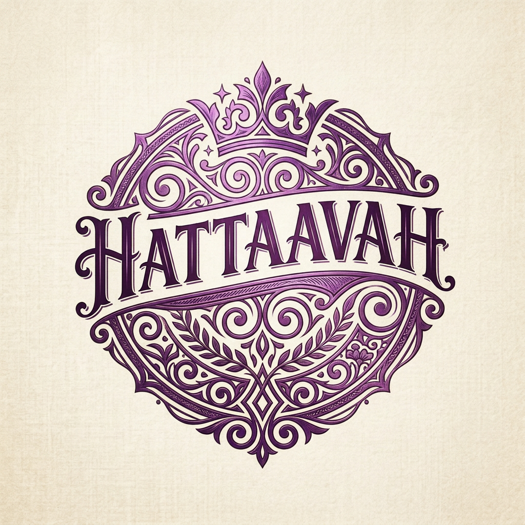 Ornate vintage emblem featuring concentric swirls, leaves, and a crown with the text HATTAAVAH in the center